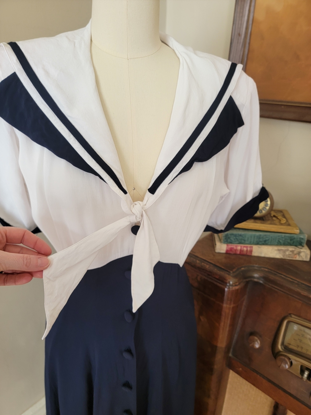 Vintage 80's Navy White Sailor-Style Pinup Dress 8 Medium - Picture 3 of 8